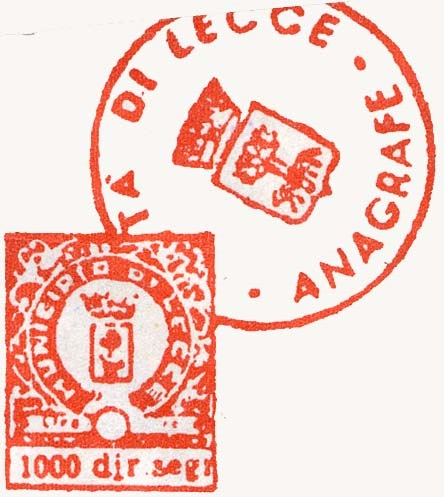 Marca da Bollo del Comune di LECCE su Carta Bianca di dimensioni 15 x 18 mm
