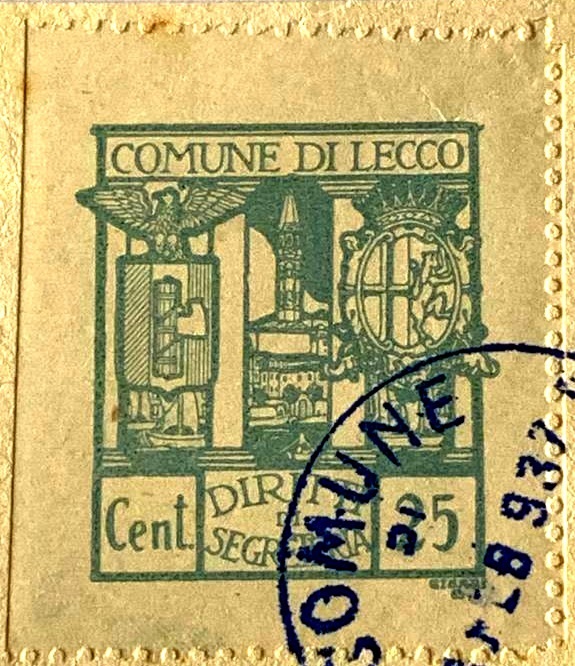 Marca da Bollo del Comune di LECCO su Carta Bianca Sottile di dimensioni 27 x 31 mm