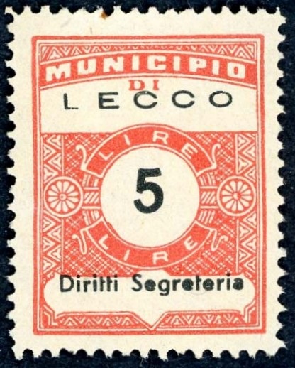 Marca da Bollo del Comune di LECCO su Carta Bianca di dimensioni 21,5 x 29 mm