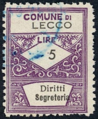 Marca da Bollo del Comune di LECCO su Carta Bianca Sottile di dimensioni 21,5 x 29 mm