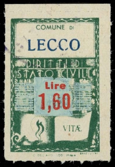 Marca da Bollo del Comune di LECCO su Carta Bianca Sottile di dimensioni 20 x 31 mm