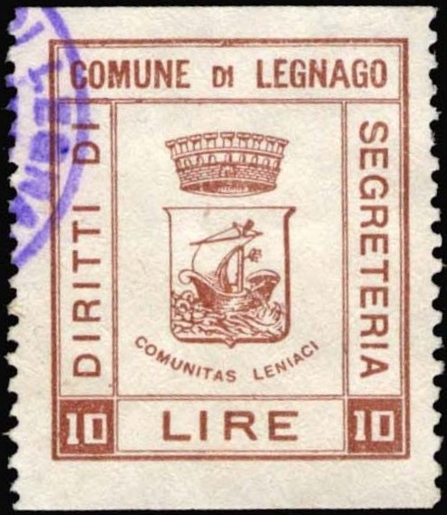 Marca da Bollo del Comune di LEGNAGO su Carta Bianca di dimensioni 25 x 29,5 mm