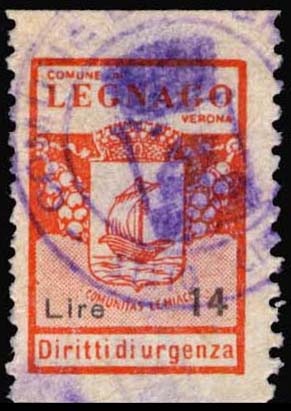 Marca da Bollo del Comune di LEGNAGO su Carta Bianca di dimensioni 15 x 22 mm