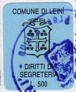 Marca da Bollo del Comune di LEINI su Carta Colorata di dimensioni 14 x 20 mm