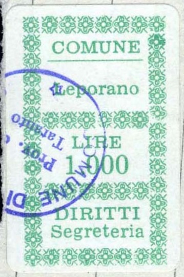Marca da Bollo del Comune di LEPORANO su Carta Bianca di dimensioni 19,5 x 30,5 mm