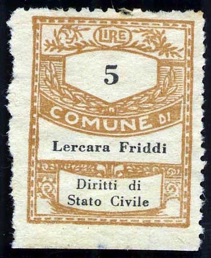 Marca da Bollo del Comune di LERCARA FRIDDI su Carta Bianca di dimensioni 23 x 29 mm