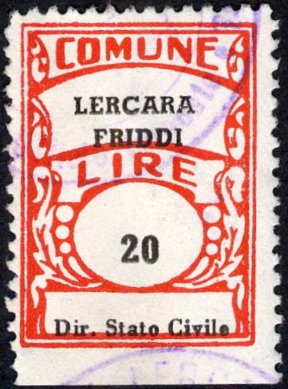 Marca da Bollo del Comune di LERCARA FRIDDI su Carta Bianca di dimensioni 21,5 x 29,5 mm
