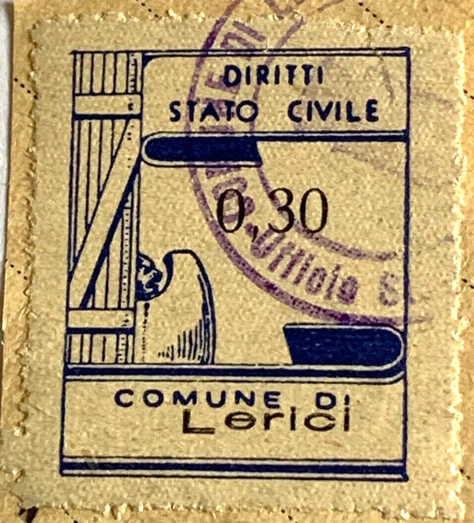 Marca da Bollo del Comune di LERICI su Carta Bianca di dimensioni 23 x 29,5 mm