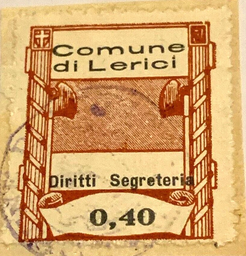 Marca da Bollo del Comune di LERICI su Carta Bianca di dimensioni 23 x 29,5 mm
