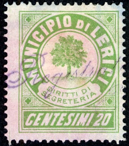 Marca da Bollo del Comune di LERICI su Carta Bianca di dimensioni 22,5 x 27,5 mm