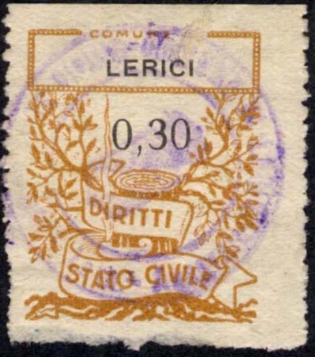Marca da Bollo del Comune di LERICI su Carta Bianca Sottile di dimensioni 22 x 27,5 mm