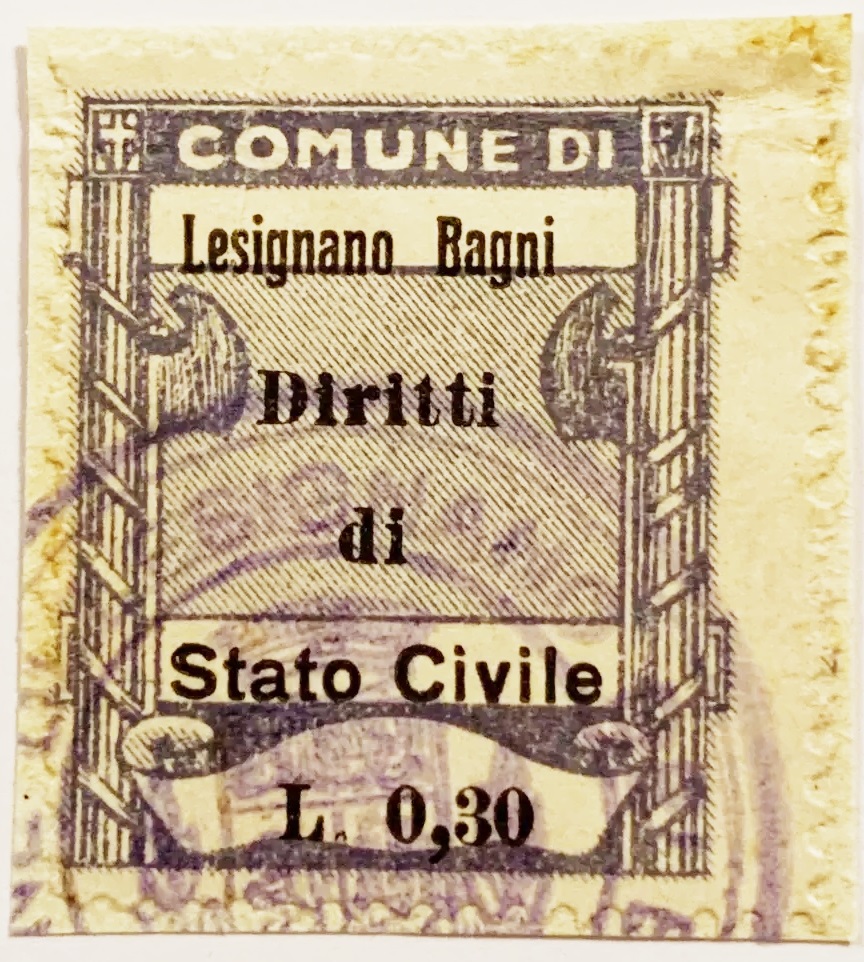 Marca da Bollo del Comune di LESIGNANO DE BAGNI su Carta Bianca di dimensioni 23 x 29 mm