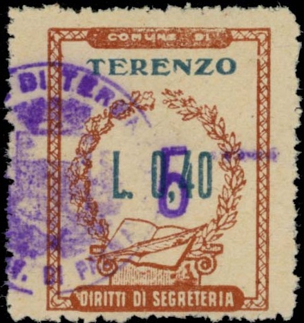 Marca da Bollo del Comune di TERENZO su Carta Bianca di dimensioni 20,5 x 26,5 mm