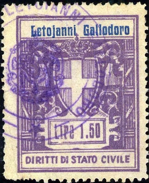 Marca da Bollo del Comune di LETOJANNI GALLODORO su Carta Bianca Sottile di dimensioni 28 x 36 mm