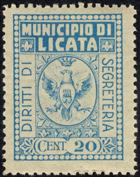 Marca da Bollo del Comune di LICATA su Carta Bianca Sottile di dimensioni 22,5 x 30,5 mm