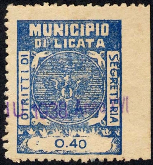 Marca da Bollo del Comune di LICATA su Carta Bianca Sottile di dimensioni 24 x 30,5 mm