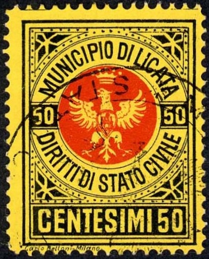 Marca da Bollo del Comune di LICATA su Carta Bianca Sottile di dimensioni 23 x 31 mm