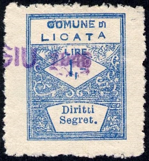 Marca da Bollo del Comune di LICATA su Carta Bianca di dimensioni 22 x 28,5 mm