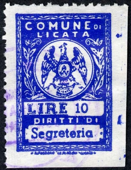 Marca da Bollo del Comune di LICATA su Carta Bianca di dimensioni 21,5 x 31,5 mm