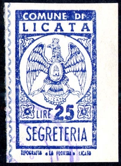 Marca da Bollo del Comune di LICATA su Carta Bianca Sottile di dimensioni 19 x 32 mm