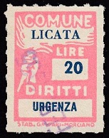 Marca da Bollo del Comune di LICATA su Carta Bianca di dimensioni 18,5 x 26,5 mm