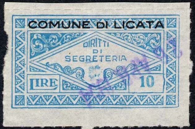 Marca da Bollo del Comune di LICATA su Carta Bianca Sottile di dimensioni 36 x 19,5 mm
