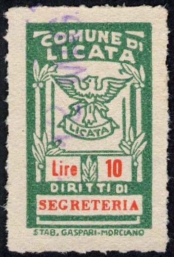 Marca da Bollo del Comune di LICATA su Carta Bianca Sottile di dimensioni 17,5 x 29,5 mm