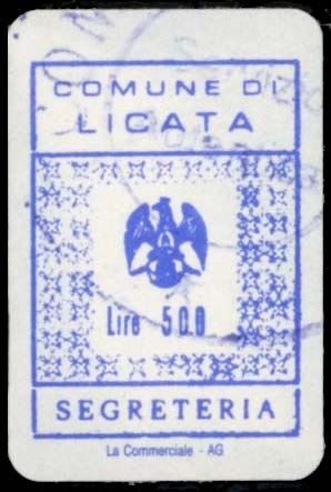 Marca da Bollo del Comune di LICATA su Carta Bianca di dimensioni 16,5 x 25 mm