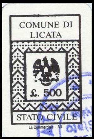 Marca da Bollo del Comune di LICATA su Carta Bianca di dimensioni 16,5 x 25 mm