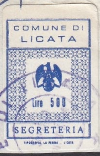 Marca da Bollo del Comune di LICATA su Carta Bianca di dimensioni 16,5 x 25 mm