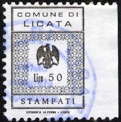 Marca da Bollo del Comune di LICATA su Carta Bianca di dimensioni 22 x27 mm