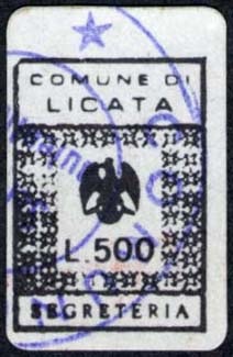 Marca da Bollo del Comune di LICATA su Carta Bianca di dimensioni 16 x 23,5 mm