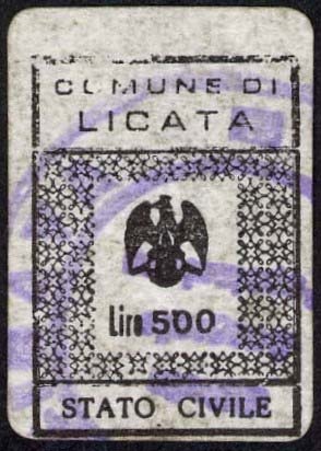 Marca da Bollo del Comune di LICATA su Carta Bianca di dimensioni 12,5 x 17,5 mm