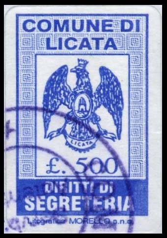 Marca da Bollo del Comune di LICATA su Carta Bianca di dimensioni 18,5 x 29,5 mm