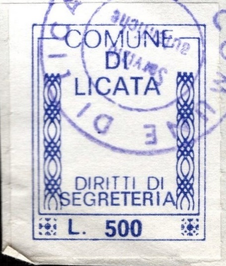 Marca da Bollo del Comune di LICATA su Carta Bianca di dimensioni 20 x 25 mm
