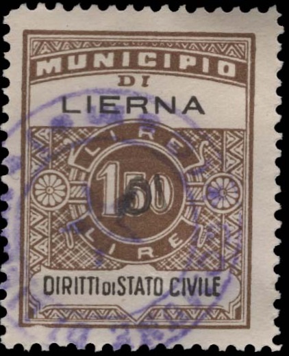 Marca da Bollo del Comune di LIERNA su Carta Bianca Sottile di dimensioni 22,5 x 29 mm