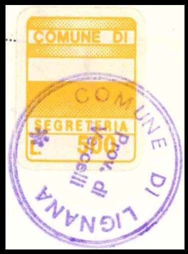 Marca da Bollo del Comune di LIGNANA su Carta Bianca di dimensioni 15 x 22 mm