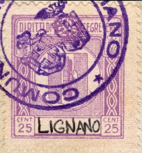 Marca da Bollo del Comune di LIGNANO SABBIADORO su Carta Bianca Sottile di dimensioni 23 x 29 mm
