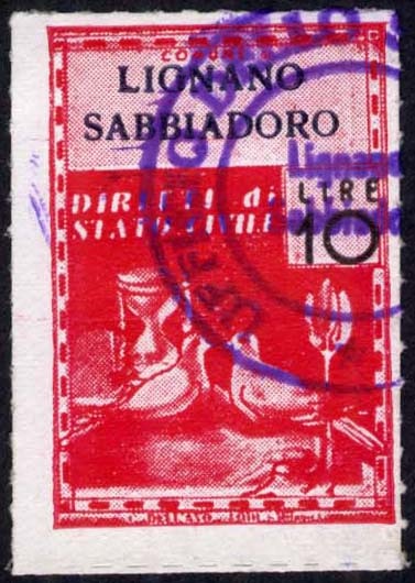 Marca da Bollo del Comune di LIGNANO SABBIADORO su Carta Bianca Sottile di dimensioni 21,5 x 32 mm