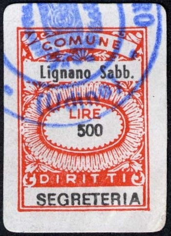 Marca da Bollo del Comune di LIGNANO SABBIADORO su Carta Bianca di dimensioni 12 x 23,5 mm