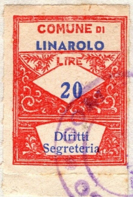 Marca da Bollo del Comune di LINAROLO su Carta Bianca di dimensioni 21 x 28 mm