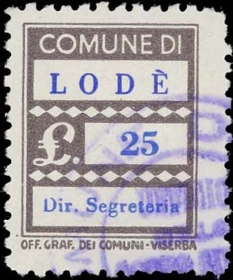 Marca da Bollo del Comune di LODE´ su Carta Bianca di dimensioni 17,5 x 22,5 mm