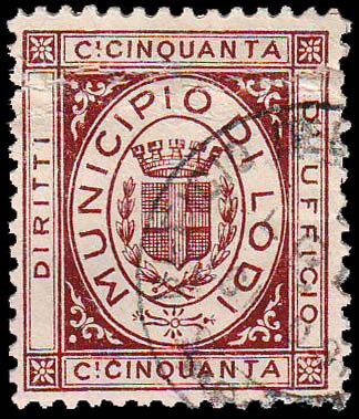 Marca da Bollo del Comune di LODI su Carta Bianca liscia di dimensioni 22 x 26,5 mm