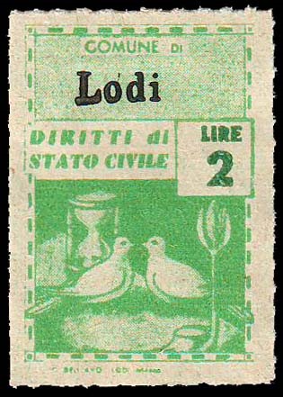 Marca da Bollo del Comune di LODI su Carta Bianca Sottile di dimensioni 21,5 x 32,5 mm