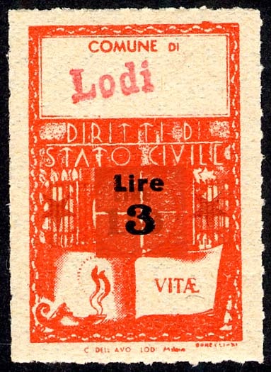 Marca da Bollo del Comune di LODI su Carta Bianca Sottile di dimensioni 21 x 33 mm