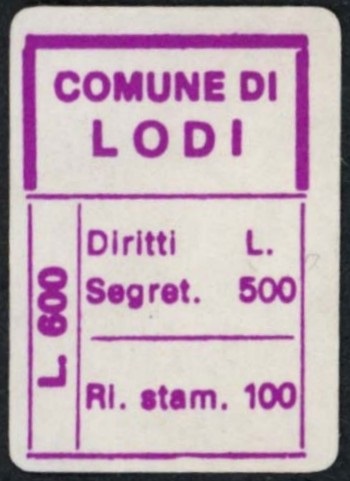 Marca da Bollo del Comune di LODI su Carta Bianca di dimensioni 20 x 25 mm
