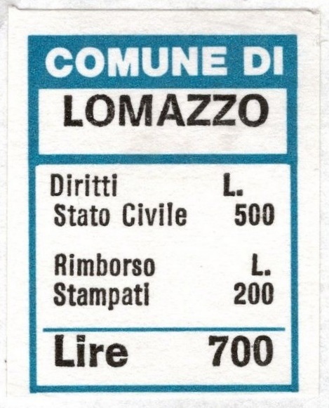 Marca da Bollo del Comune di LOMAZZO su Carta Bianca di dimensioni 20 x 26,5 mm