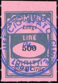 Marca da Bollo del Comune di LONGI su Carta Colorata di dimensioni 17,5 x 24 mm