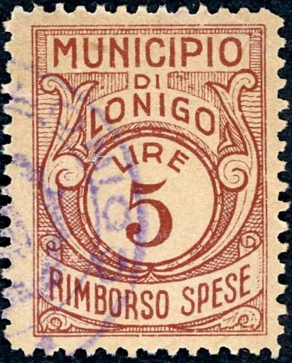 Marca da Bollo del Comune di LONIGO su Carta Bianca di dimensioni 22,5 x 30 mm