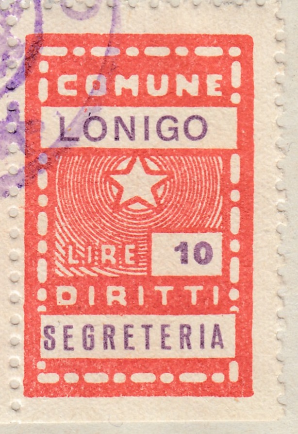 Marca da Bollo del Comune di LONIGO su Carta Bianca di dimensioni 19,5 x 31 mm